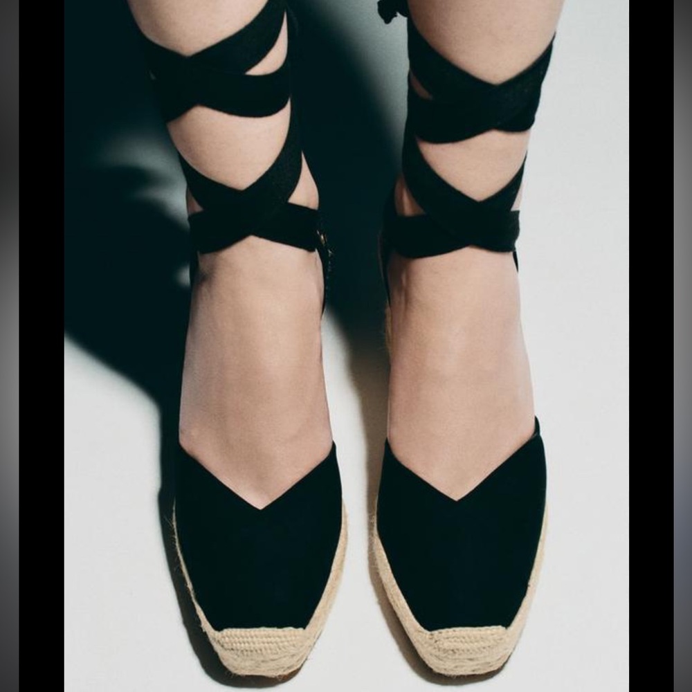 Zara Black Espadrille Wedge Sandals with Ankle Wrap